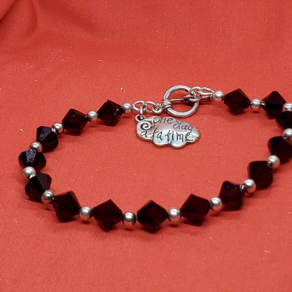 Genuine Swarovski Garnet Crystal Toggle Bracelet with One Day at Time Charm - Picture 2 of 9
